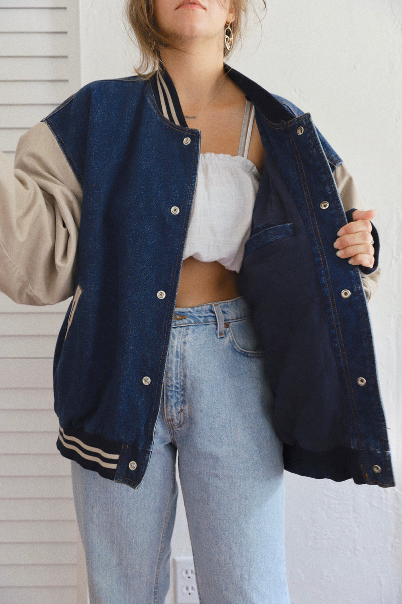 Vintage 〰️ Denim Varsity Jacket (XL)