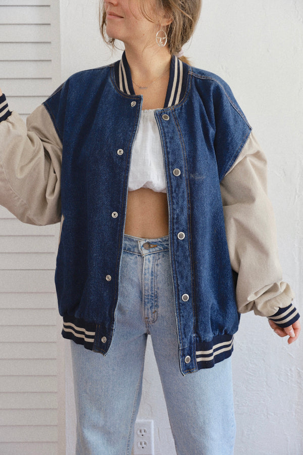 Vintage 〰️ Denim Varsity Jacket (XL)