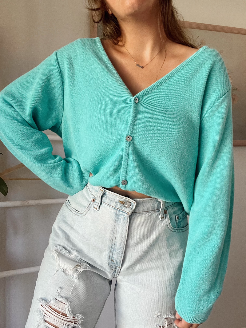 Vintage • Teal Knit Cardigan (M)