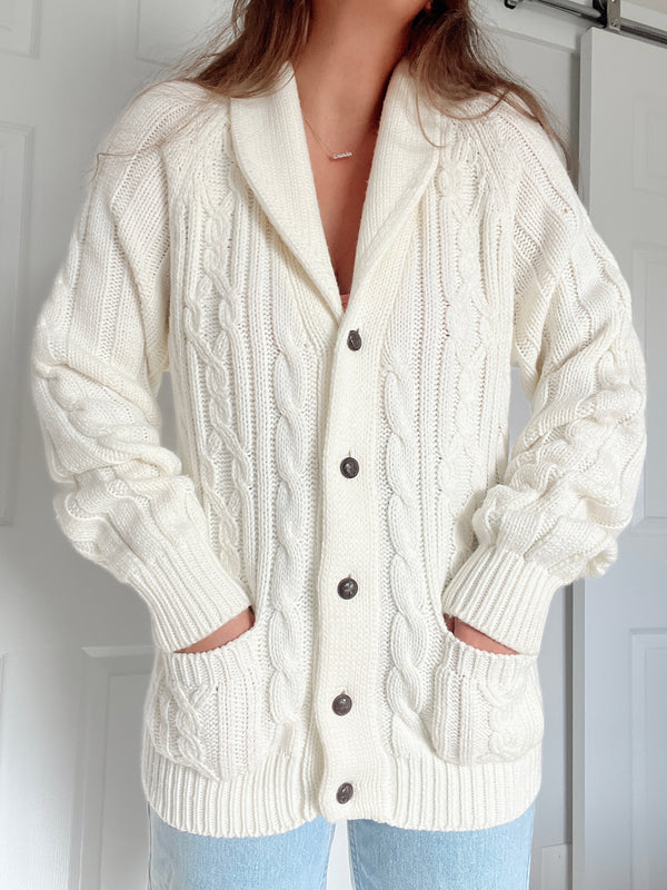 Vintage • Cream Chunky Knit Cardigan (XL)