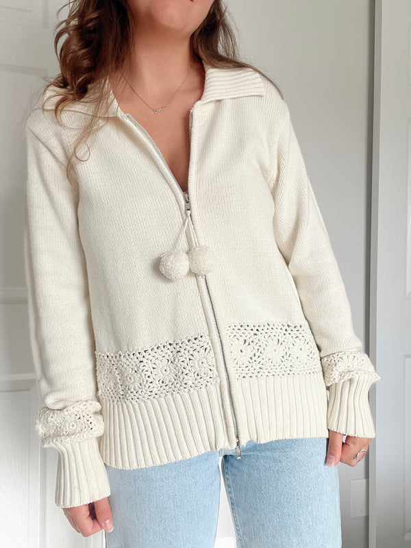 Vintage • Cream Crochet Knit Sweater (L)