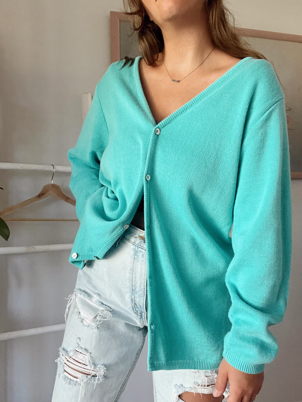 Vintage • Teal Knit Cardigan (M)