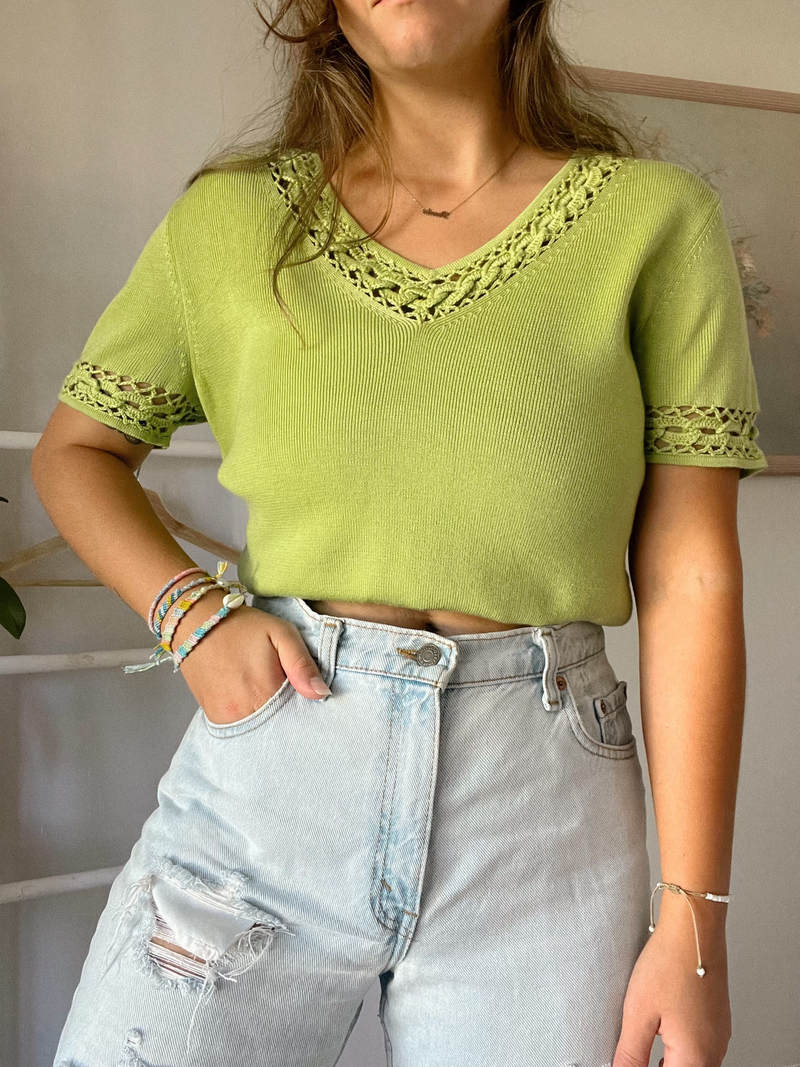 Vintage • Chartreuse Crochet Knit Top (M)