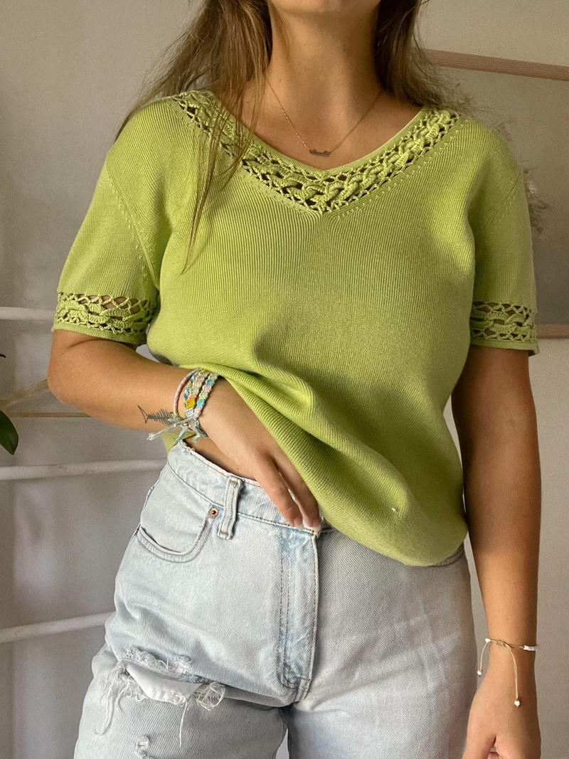 Vintage • Chartreuse Crochet Knit Top (M)