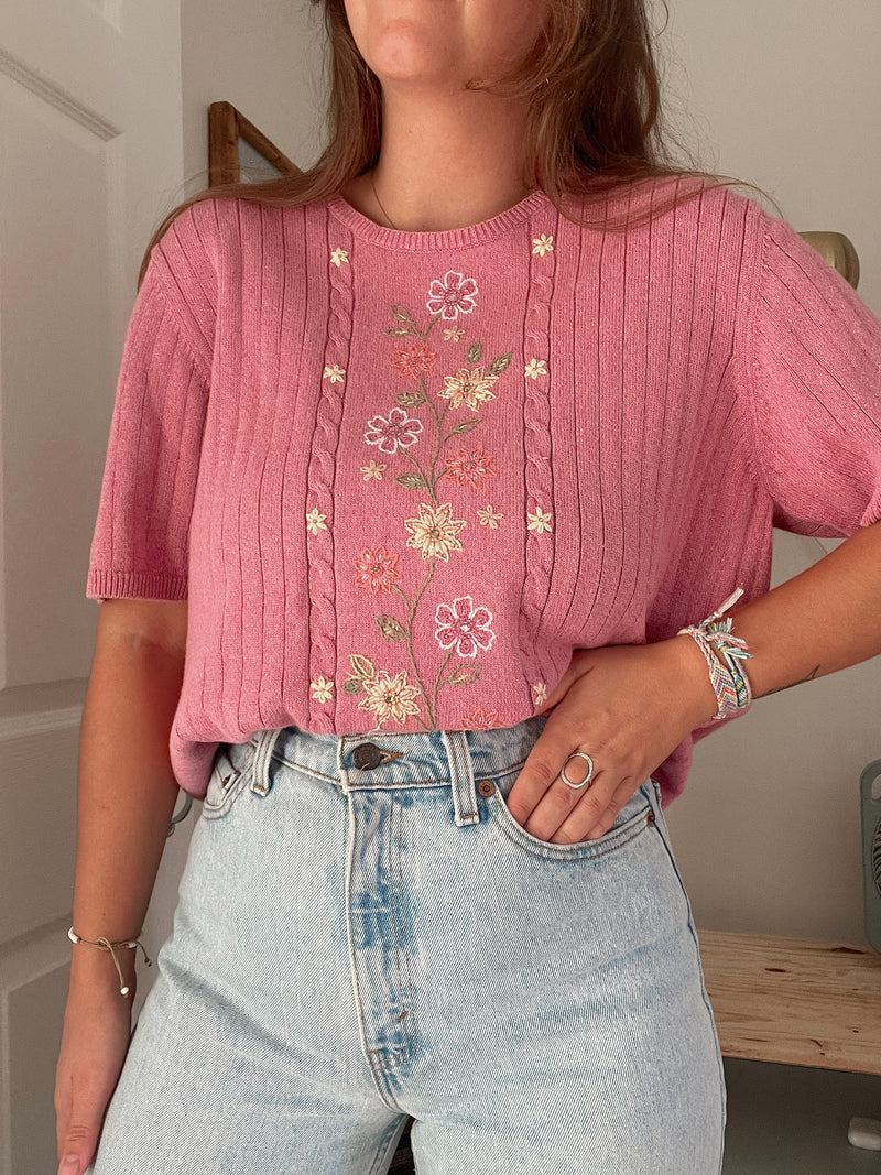 Vintage • Rose Embroidered Sweater Top (L)